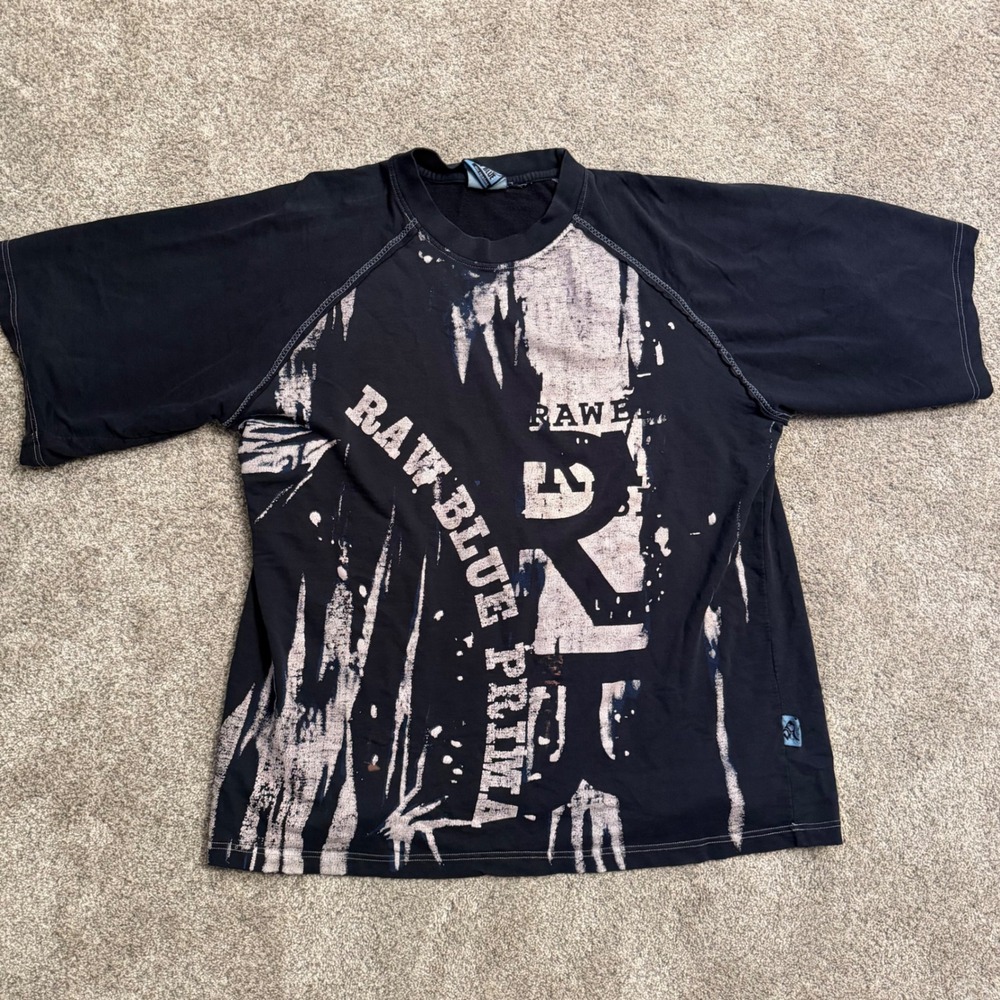 Raw Blue Prima Nu Realms Black Graphic T-Shirt Y2K Streetwear Raglan Mens XL
